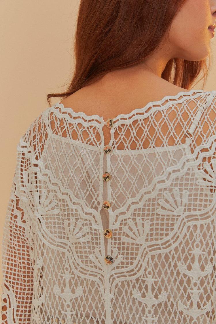 Farm Rio Off-white Nautical Guipure Long Sleeve Midi Dress OFF-WHITE