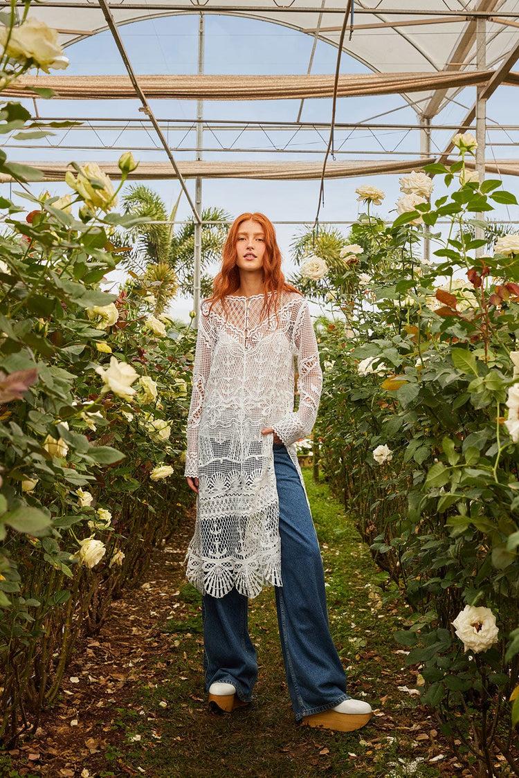 farm rio off-white nautical guipure long sleeve midi dress OFF-WHITE