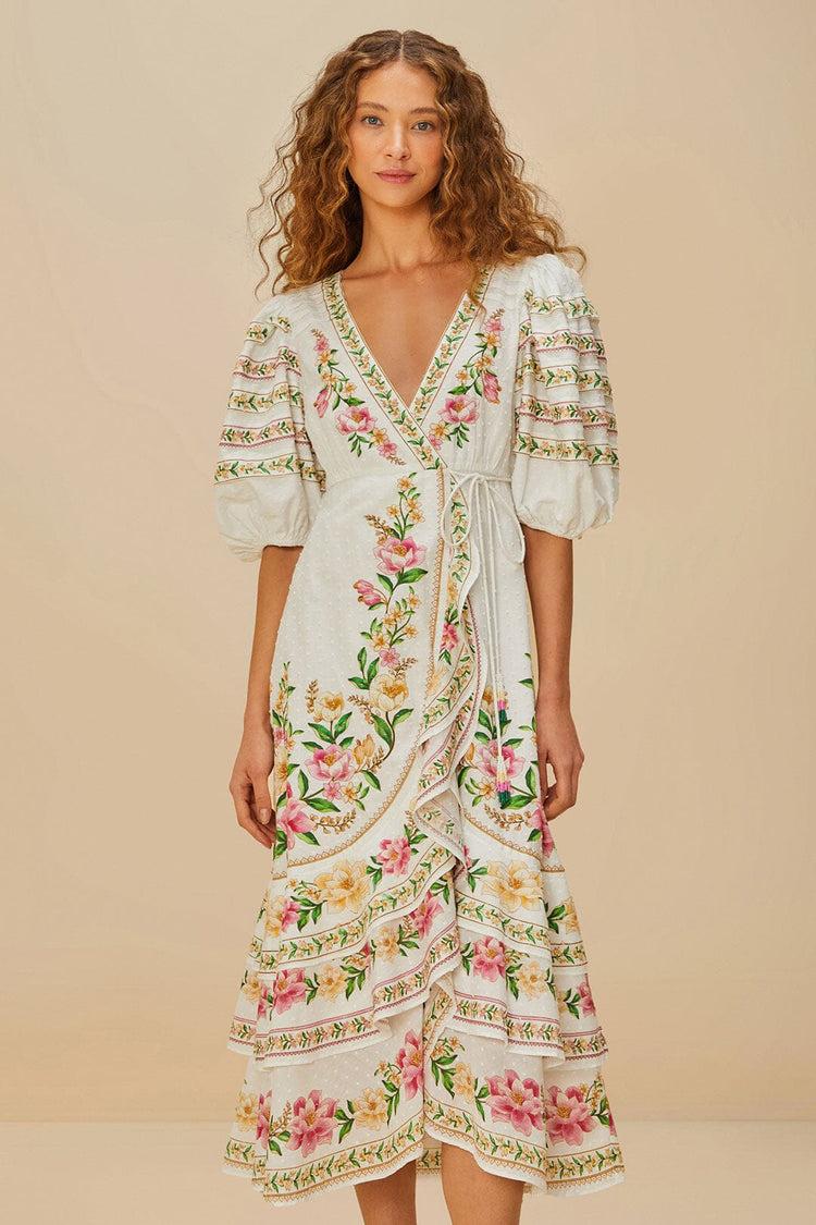 Farm Rio Off-white Palm Dream Wrap Midi Dress PALM DREAM OFF-WHITE