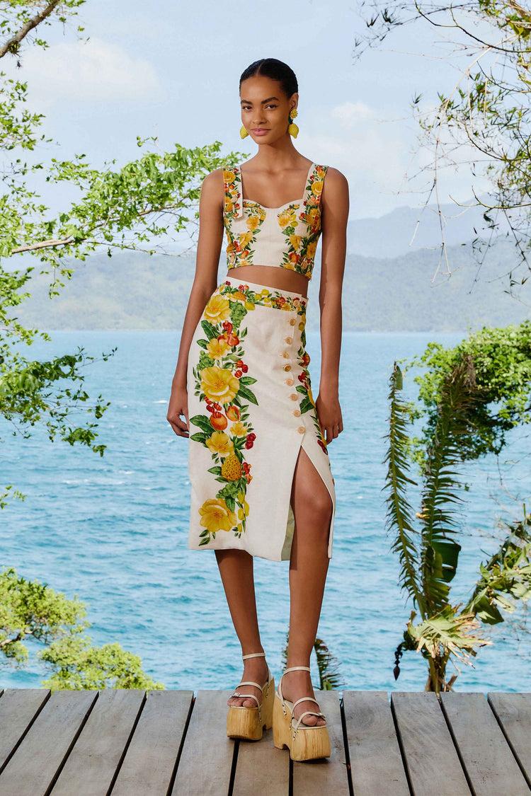 Farm Rio Off-white Picnic Flowers Euroflax™ Premium Linen Crop Top PICNIC FLOWERS OFF-WHITE