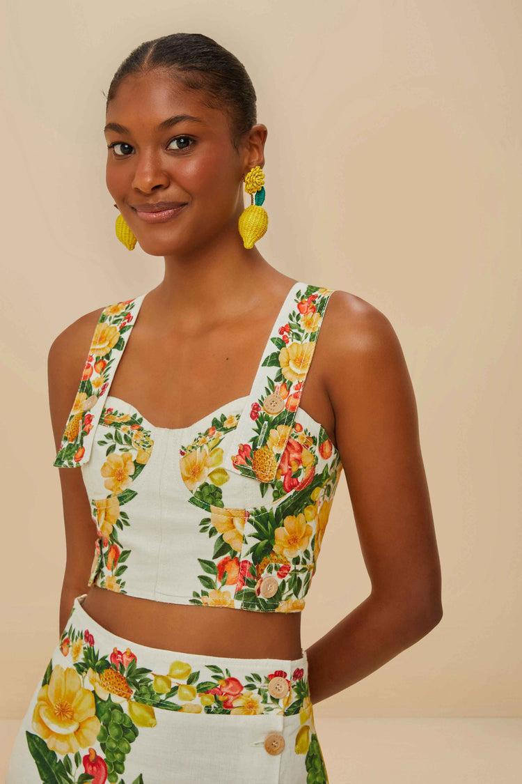 Farm Rio Off-white Picnic Flowers Euroflax™ Premium Linen Crop Top PICNIC FLOWERS OFF-WHITE