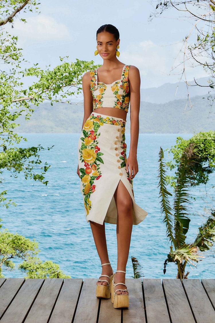 Farm Rio Off-white Picnic Flowers Euroflax™ Premium Linen Viscose Midi Skirt PICNIC FLOWERS OFF-WHITE