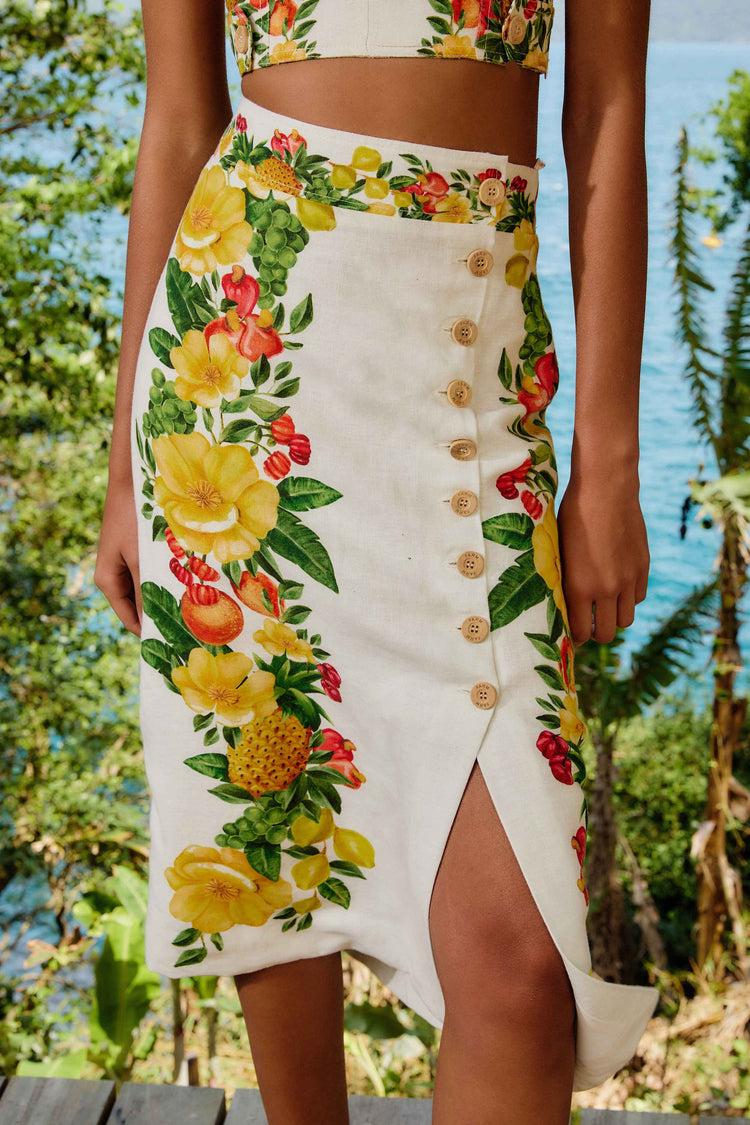 Farm Rio Off-white Picnic Flowers Euroflax™ Premium Linen Viscose Midi Skirt PICNIC FLOWERS OFF-WHITE