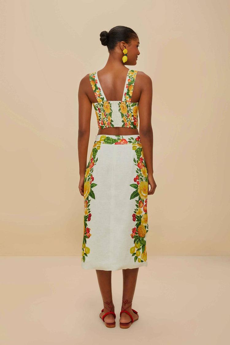 Farm Rio Off-white Picnic Flowers Euroflax™ Premium Linen Viscose Midi Skirt PICNIC FLOWERS OFF-WHITE