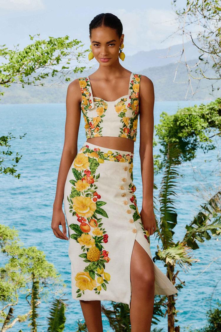 farm rio off-white picnic flowers euroflax™ premium linen viscose midi skirt PICNIC FLOWERS OFF-WHITE