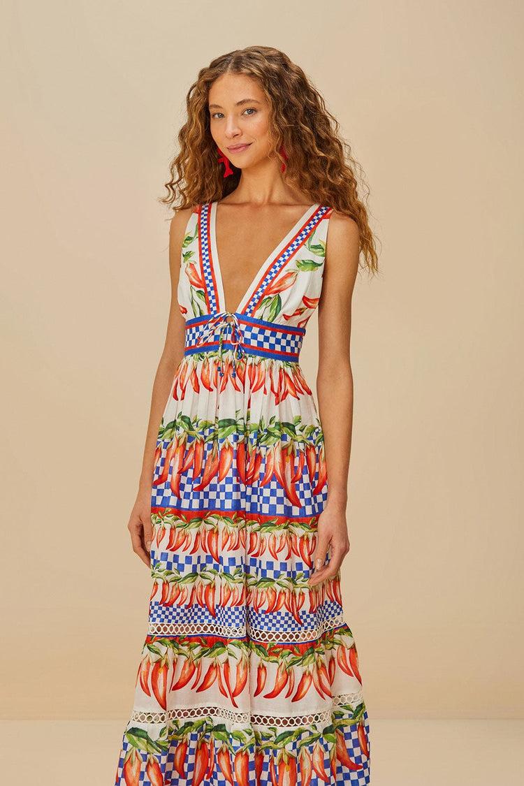 Farm Rio Off-white Picnic Peppers Ainika Midi Dress PICNIC PEPPERS AINIKA OFF-WHITE