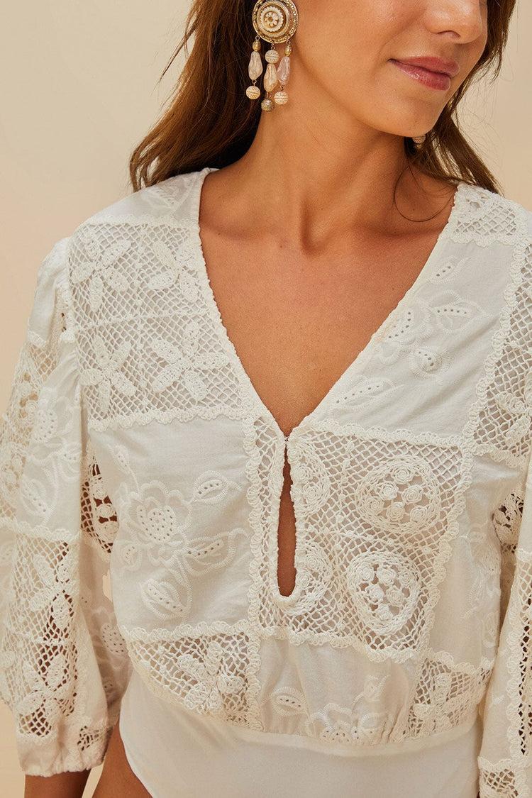 Farm Rio Off-white Rosy Eyelet Puff Sleeve Bodysuit OFF-WHITE