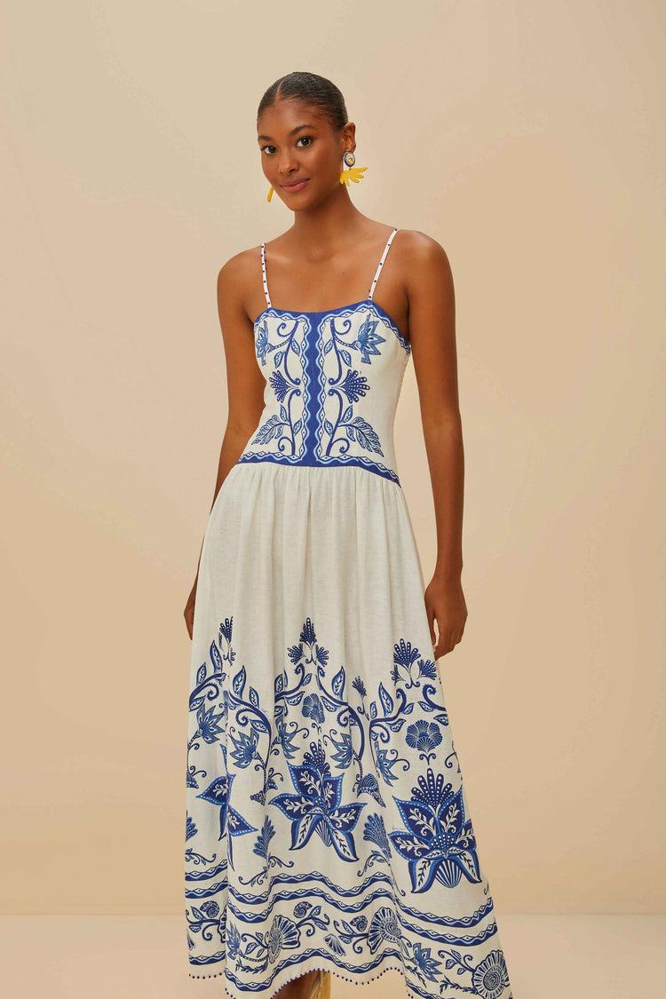 Farm Rio Off-white Shell Garden Lenzing™ Ecovero™ Euroflax™ Midi Dress SHELL GARDEN OFF-WHITE