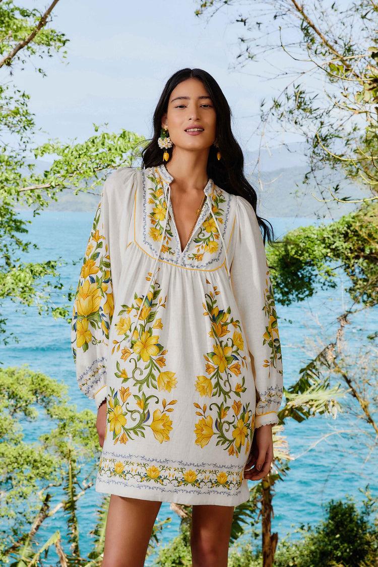 Farm Rio Off-white Sicily Lenzing™ Ecovero™ Euroflax™ Mini Dress SICILY OFF-WHITE