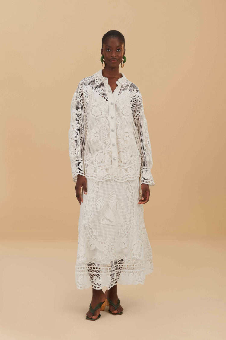 Farm Rio Off-white Swan Lake Guipure Midi Skirt OFF-WHITE