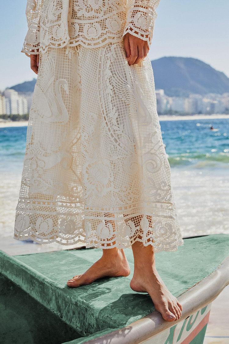 Farm Rio Off-white Swan Lake Guipure Midi Skirt OFF-WHITE