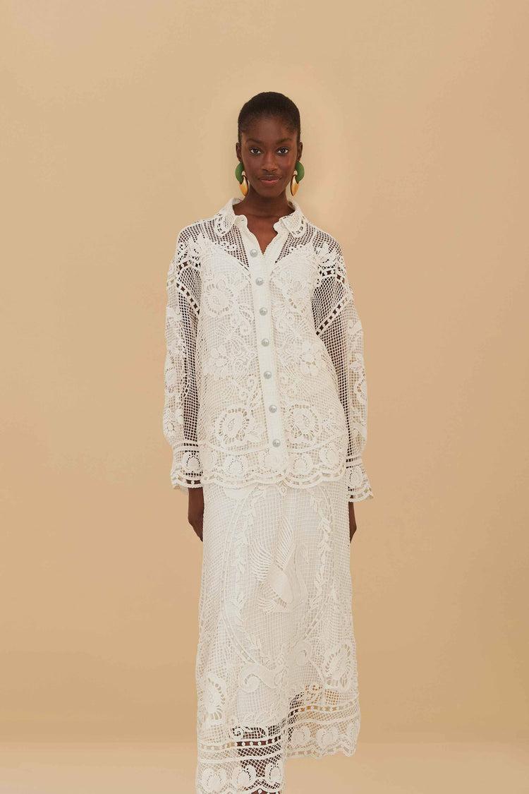 Farm Rio Off-white Swan Lake Guipure Midi Skirt OFF-WHITE