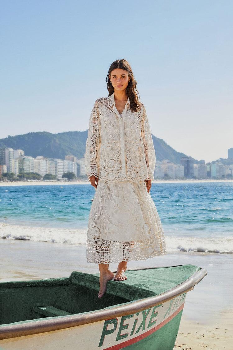 farm rio off-white swan lake guipure midi skirt OFF-WHITE