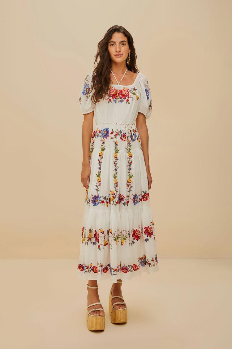 Farm Rio Off-white Tropical Porcelain Embroidered Maxi Dress OFF-WHITE