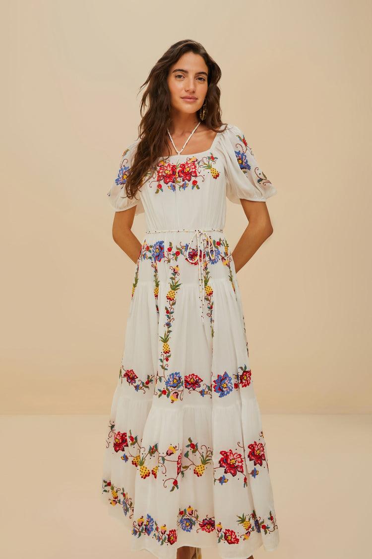 Farm Rio Off-white Tropical Porcelain Embroidered Maxi Dress OFF-WHITE