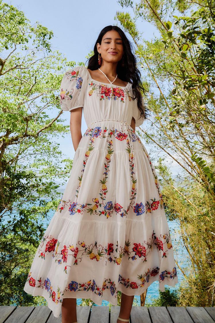 farm rio off-white tropical porcelain embroidered maxi dress OFF-WHITE