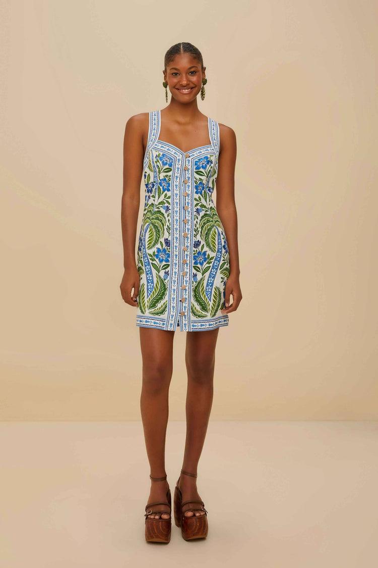 Farm Rio Off-white Tropicance Porcelain Garden Euroflax™ Premium Linen Mini Dress TROPICANCE OFF-WHITE