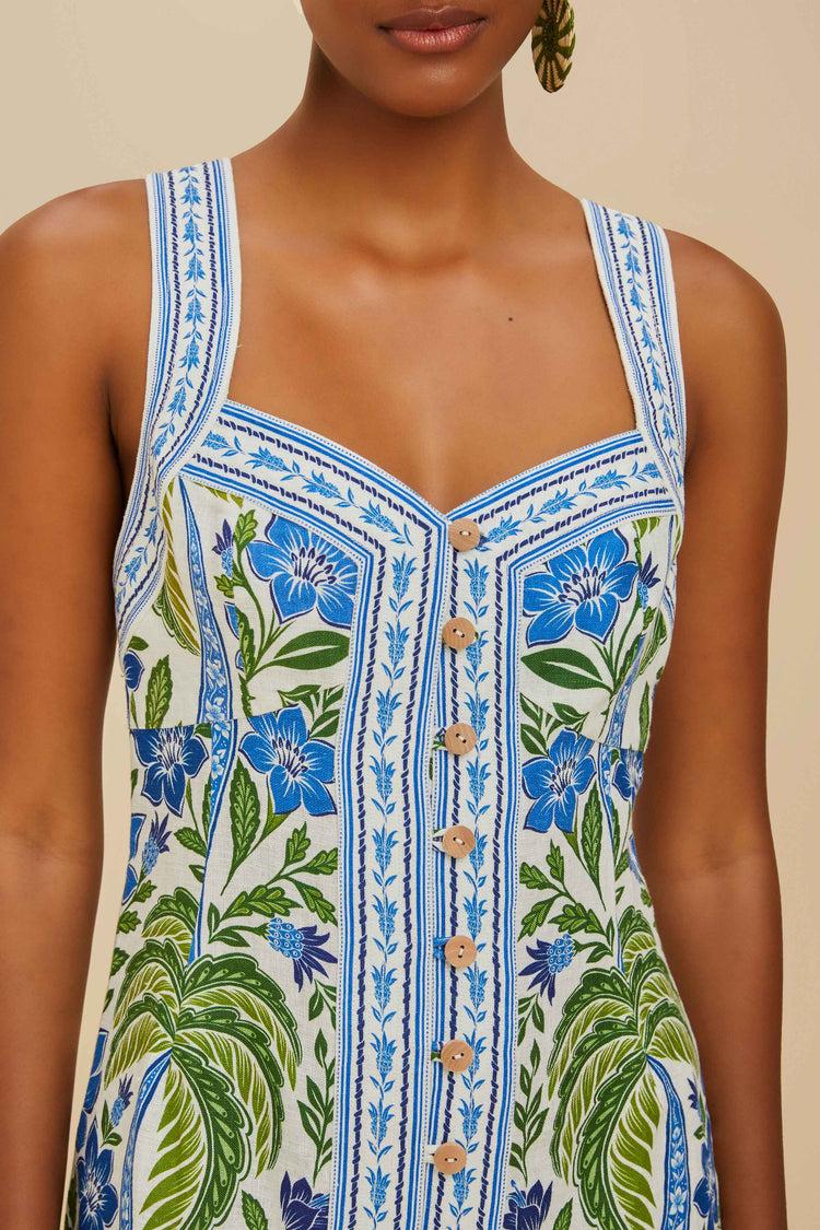 Farm Rio Off-white Tropicance Porcelain Garden Euroflax™ Premium Linen Mini Dress TROPICANCE OFF-WHITE