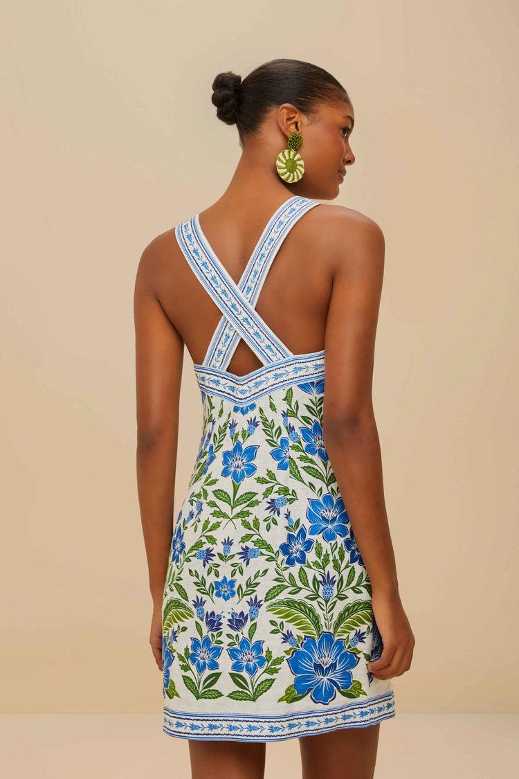 Farm Rio Off-white Tropicance Porcelain Garden Euroflax™ Premium Linen Mini Dress TROPICANCE OFF-WHITE