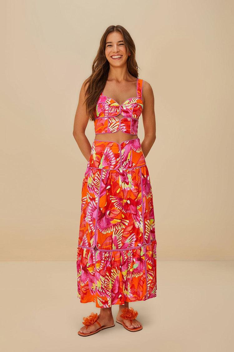 farm rio orange flying birds lenzing™ ecovero™ euroflax™ skirt FLYING BIRDS ORANGE