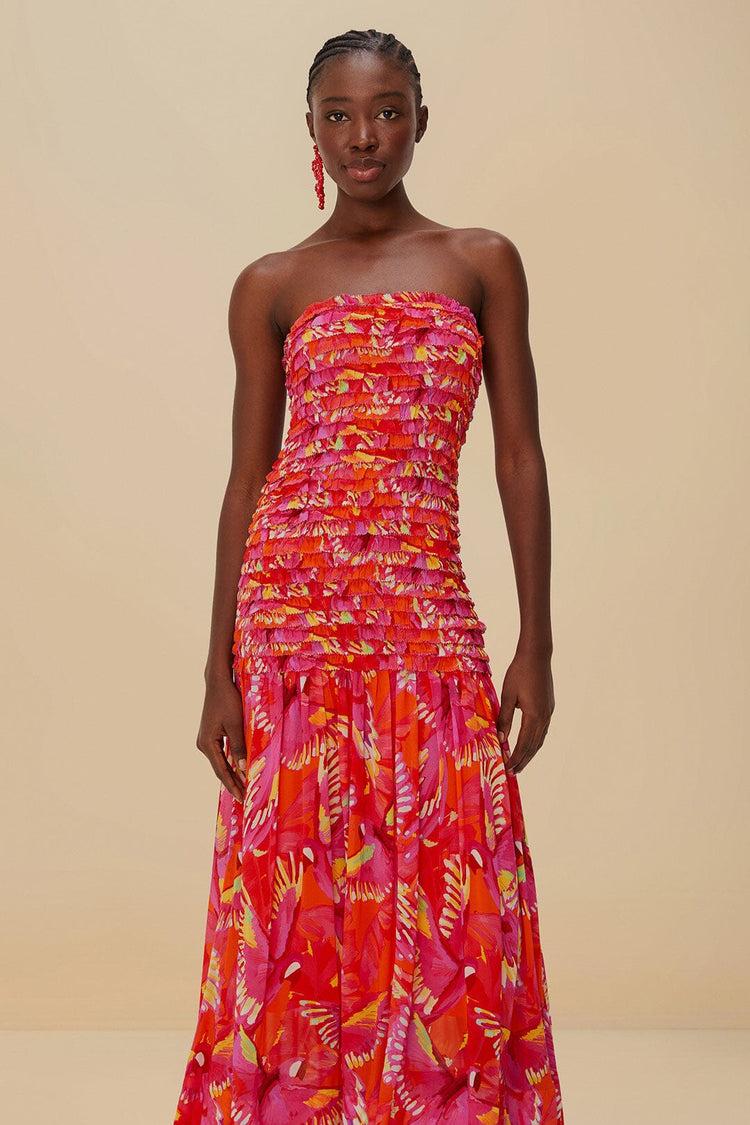 Farm Rio Orange Flying Birds Strapless Midi Dress FLYING BIRDS ORANGE