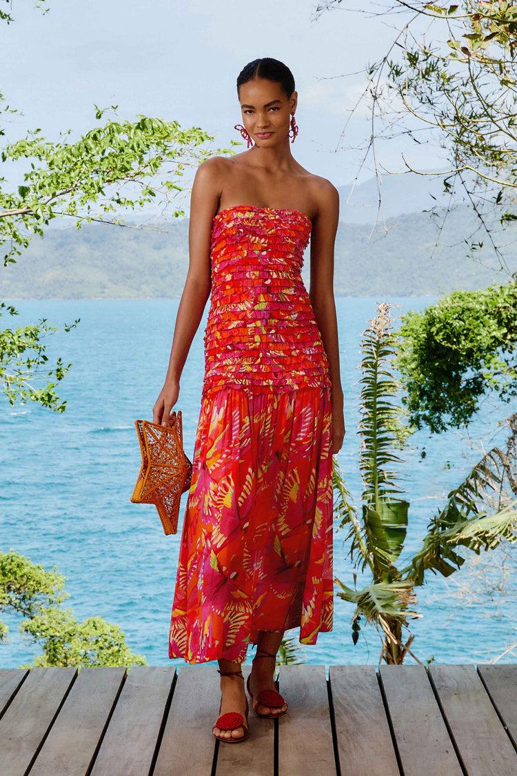 farm rio orange flying birds strapless midi dress FLYING BIRDS ORANGE