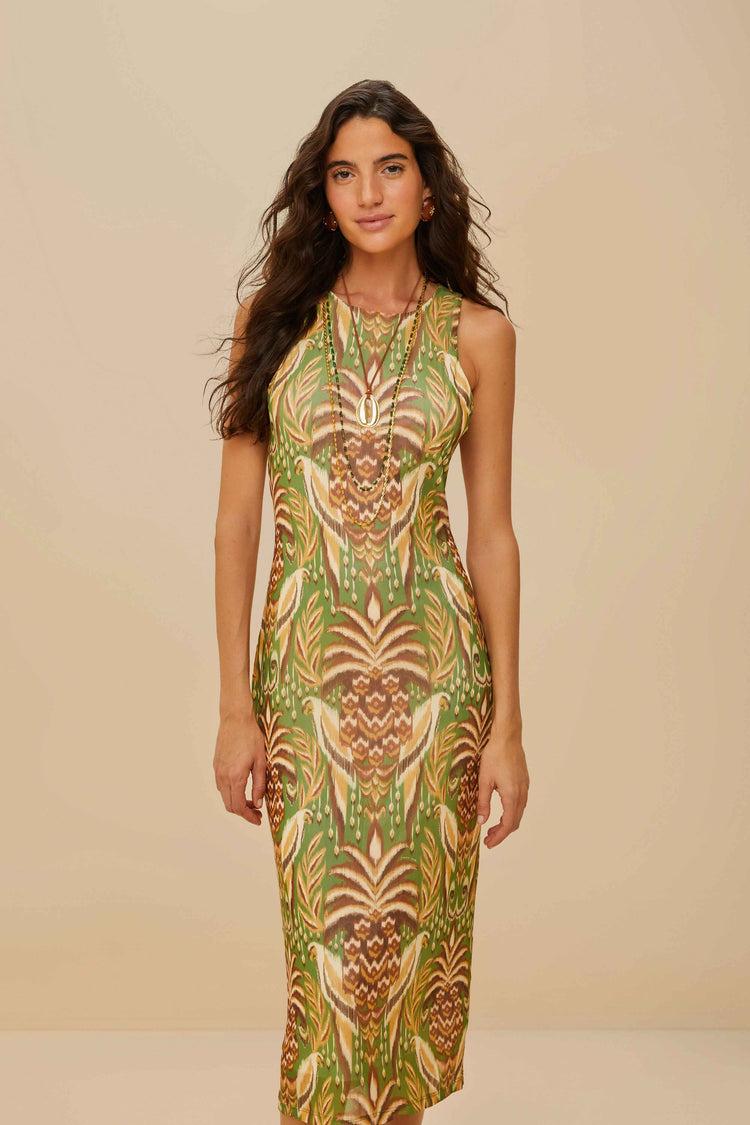 Farm Rio Pineapple Tapestry Green Tulle Midi Dress PINEAPPLE TAPESTRY GREEN