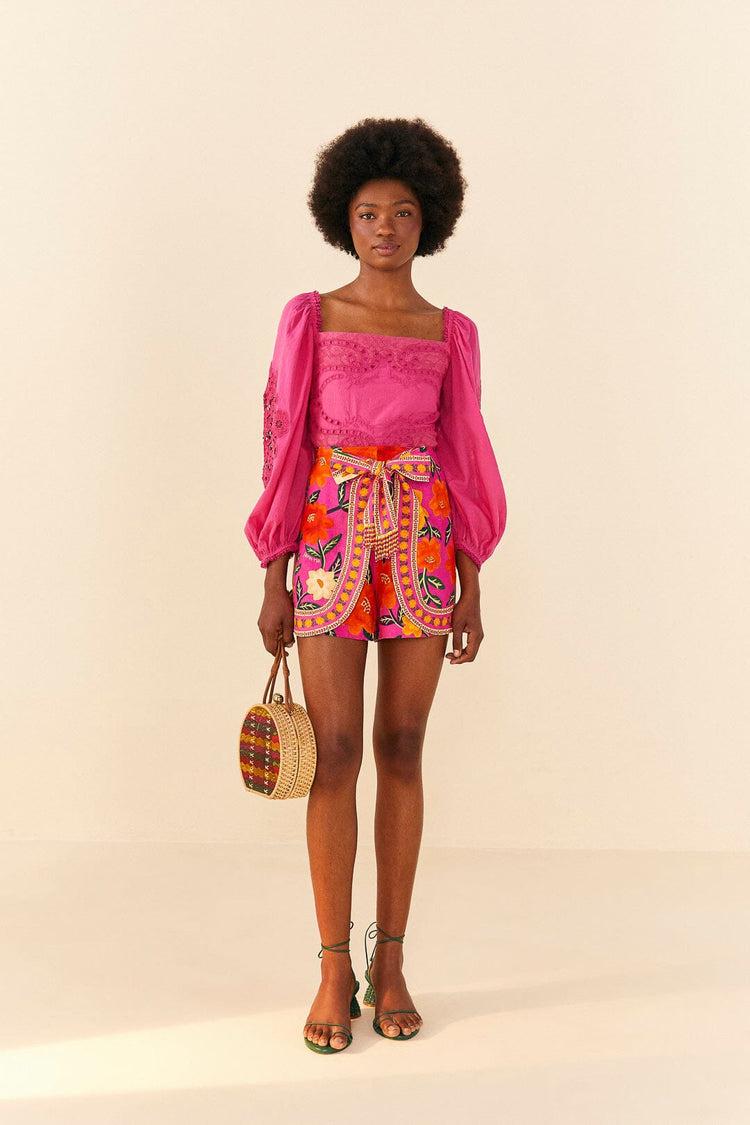 Farm Rio Pink Flower Tapestry Shorts FLOWERS TAPESTRY PINK