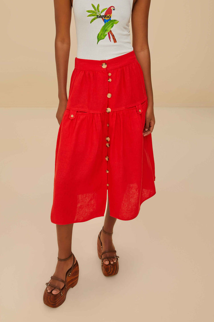 Farm Rio Red Mixed Buttons Euroflax™ Premium Linen Midi Skirt RED