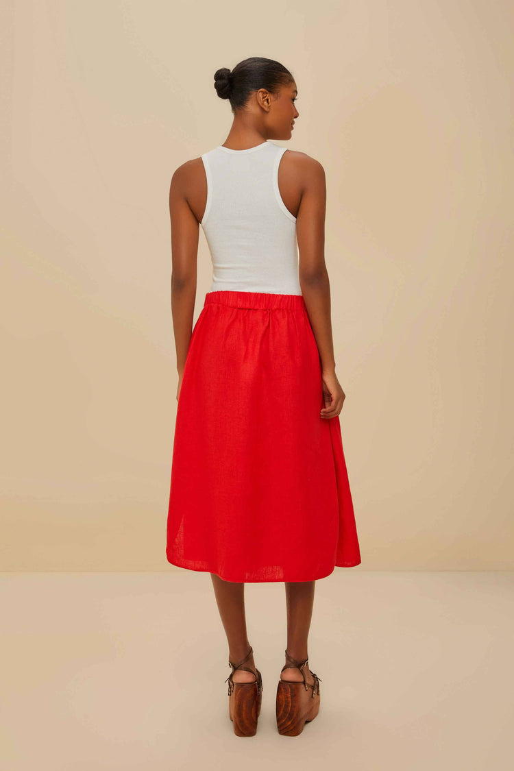 Farm Rio Red Mixed Buttons Euroflax™ Premium Linen Midi Skirt RED