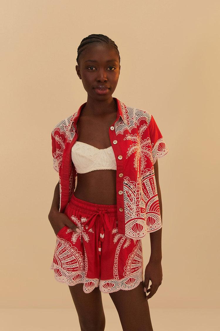 Farm Rio Red Palm Trees Embroidered Organic Cotton Shirt RED