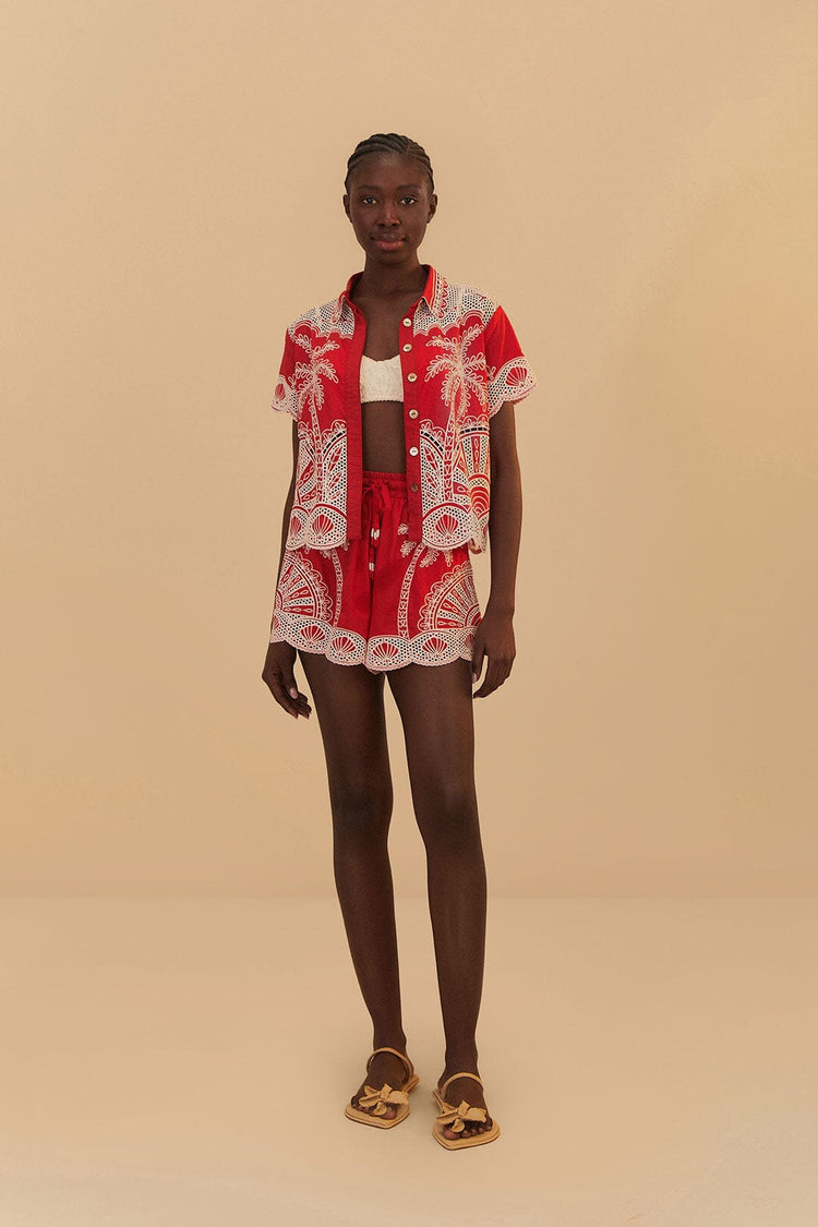 Farm Rio Red Palm Trees Embroidered Organic Cotton Short RED