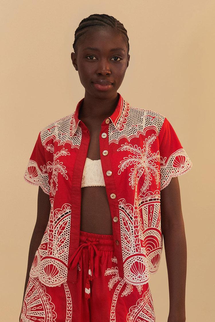 farm rio red palm trees embroidered organic cotton short RED