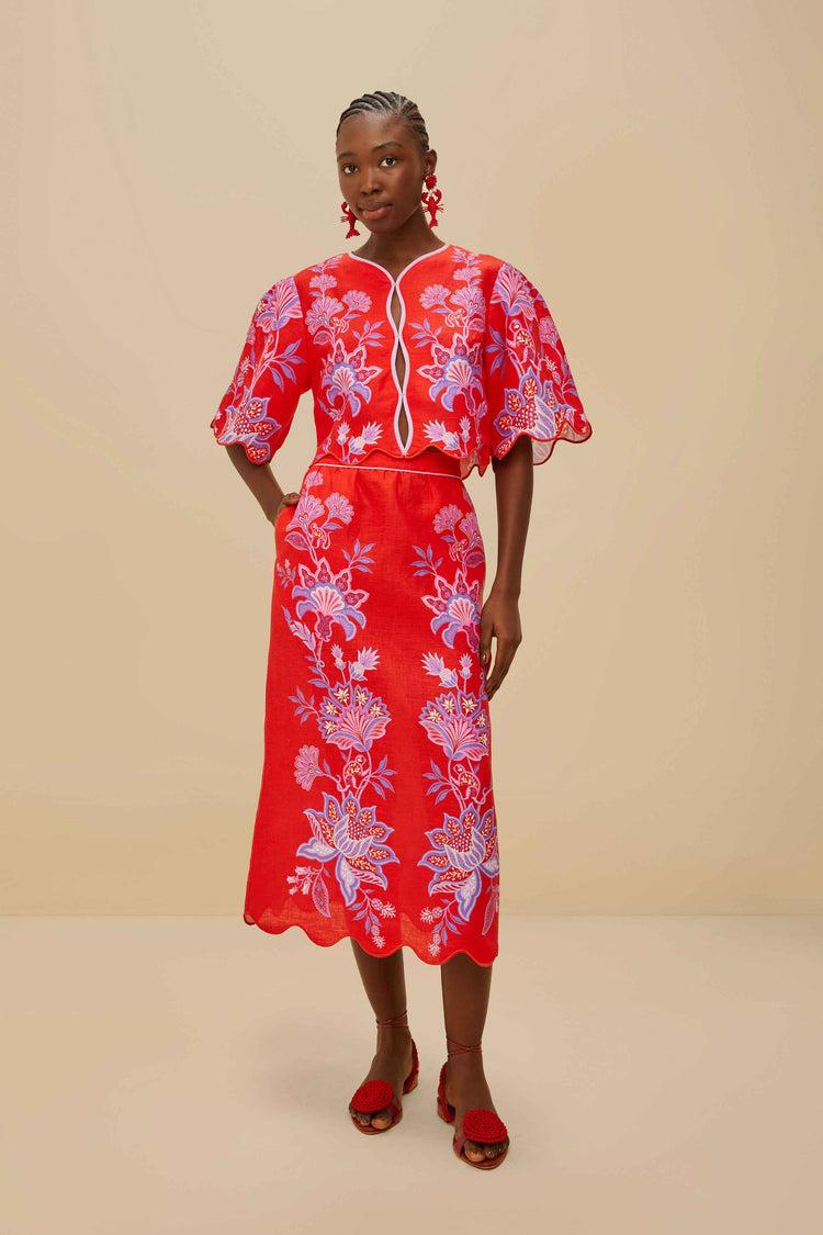 Farm Rio Red Porcelain Garden Euroflax™ Premium Linen Blouse PORCELAIN GARDEN RED