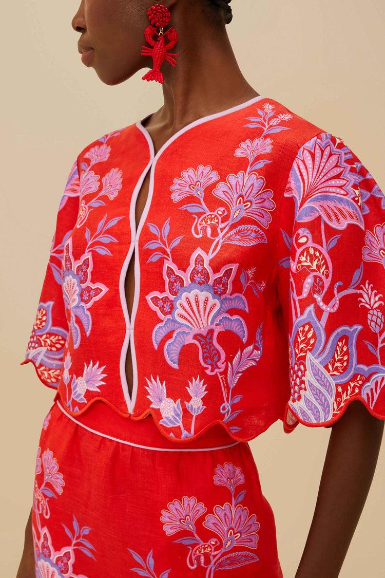 Farm Rio Red Porcelain Garden Euroflax™ Premium Linen Blouse PORCELAIN GARDEN RED