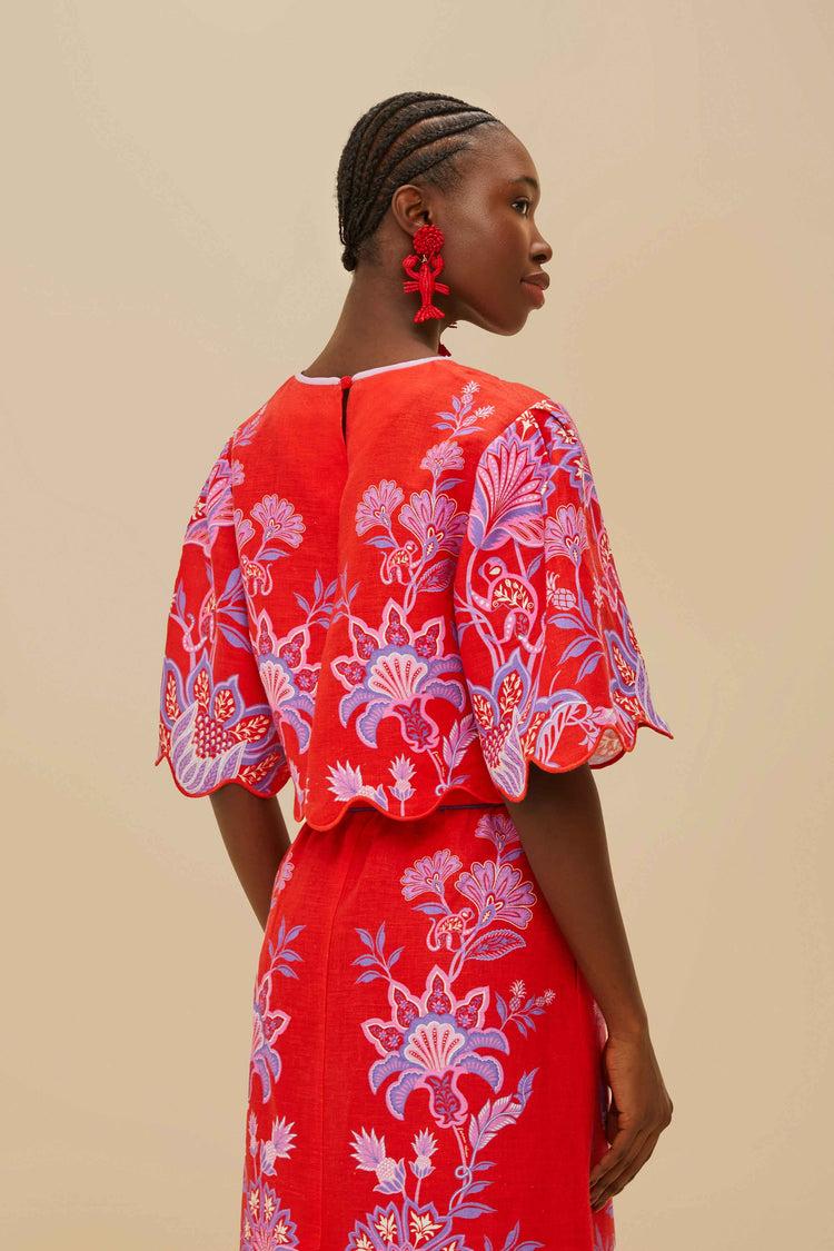 Farm Rio Red Porcelain Garden Euroflax™ Premium Linen Blouse PORCELAIN GARDEN RED