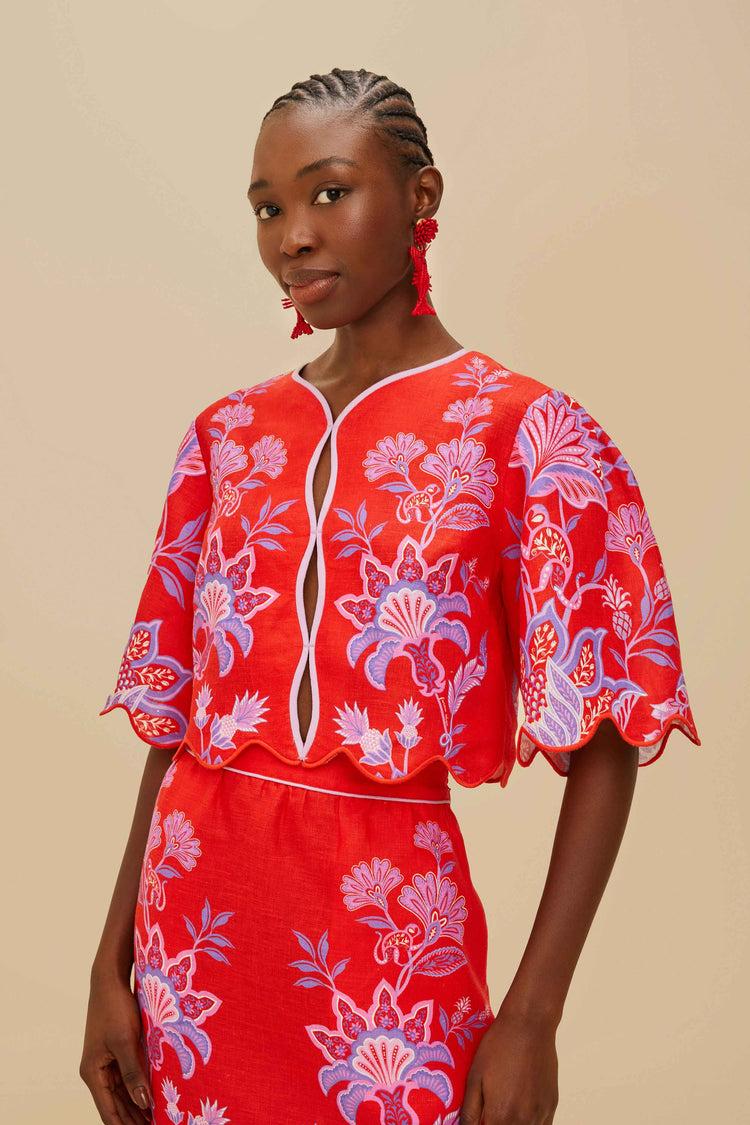 farm rio red porcelain garden euroflax™ premium linen blouse PORCELAIN GARDEN RED