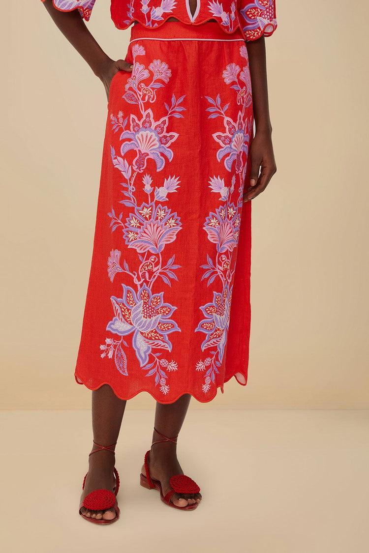 Farm Rio Red Porcelain Garden Euroflax™ Premium Linen Midi Skirt PORCELAIN GARDEN RED
