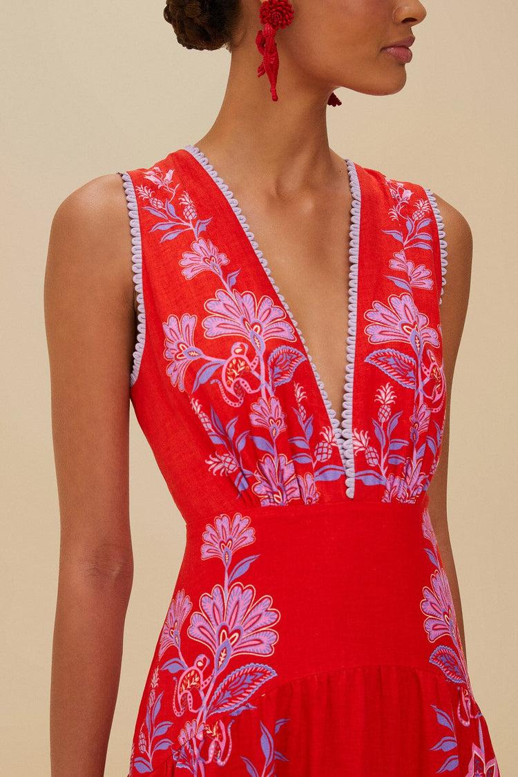 Farm Rio Red Porcelain Garden Euroflax™ Premium Linen Midi Dress PORCELAIN GARDEN RED