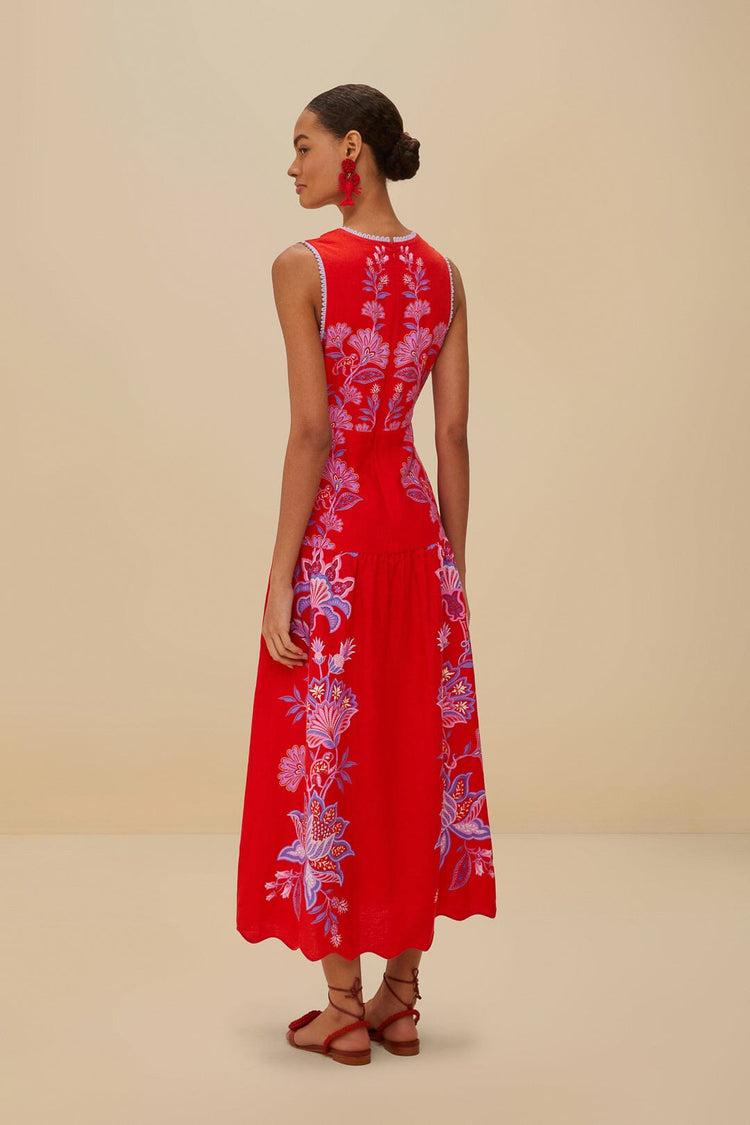 Farm Rio Red Porcelain Garden Euroflax™ Premium Linen Midi Dress PORCELAIN GARDEN RED