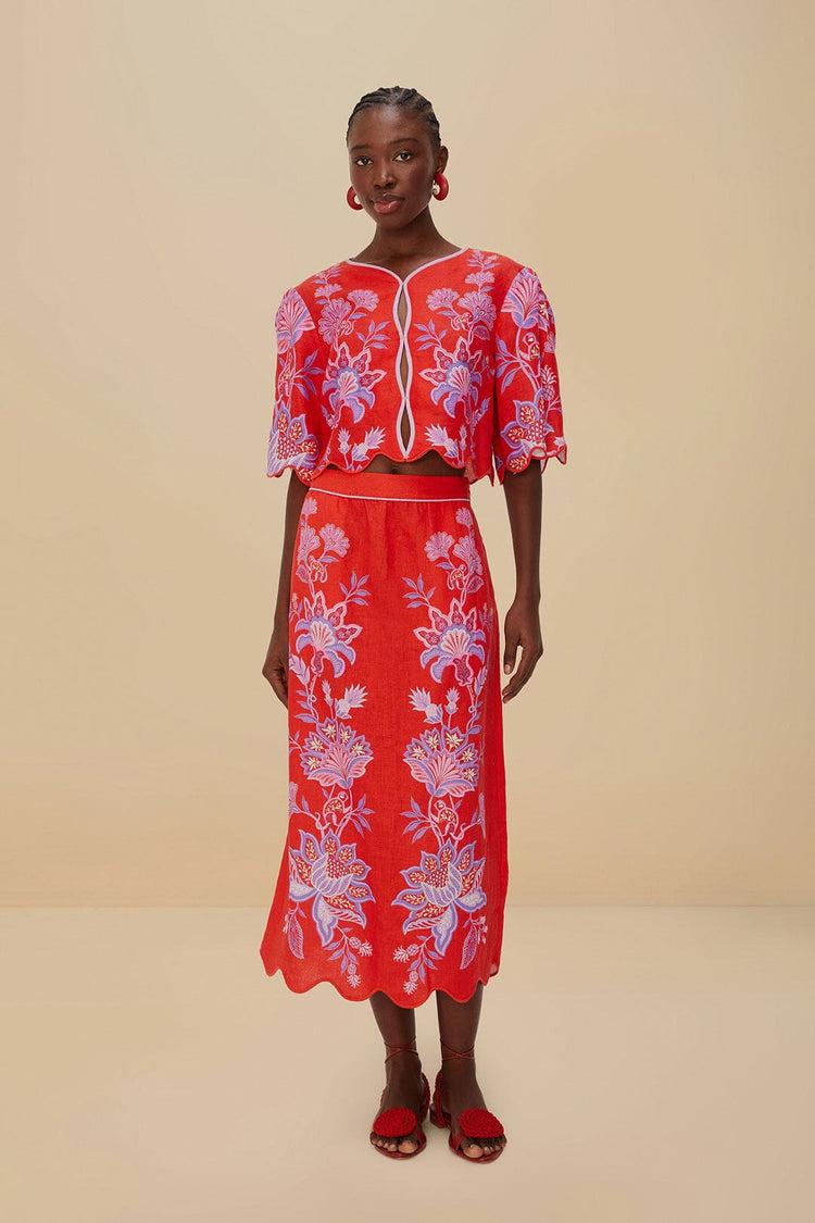farm rio red porcelain garden euroflax™ premium linen midi skirt PORCELAIN GARDEN RED