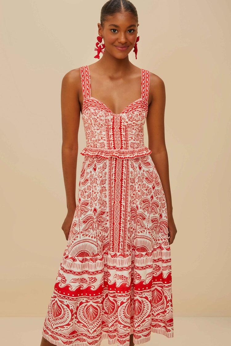 Farm Rio Red River Ride Lenzing™ Ecovero™ Euroflax™ Midi Dress RIVER RIDE RED