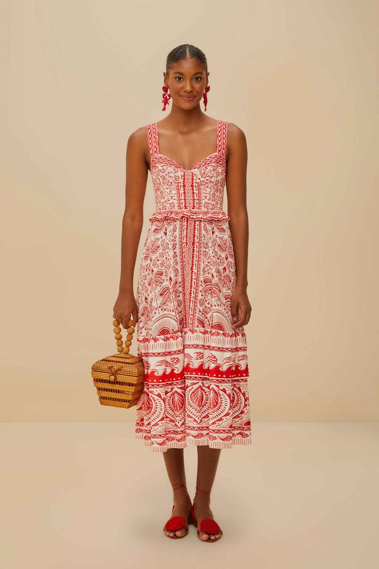 farm rio red river ride lenzing™ ecovero™ euroflax™ midi dress RIVER RIDE RED