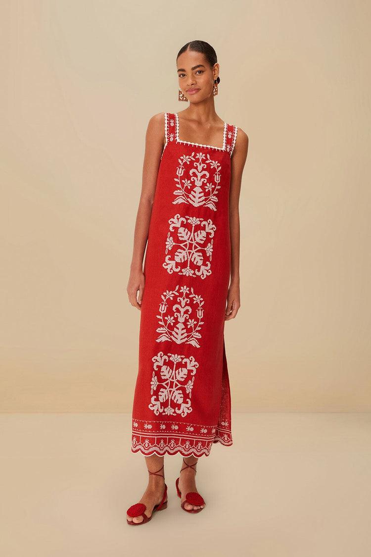 Farm Rio Red Tropical Cross Stitch Embroidered Euroflax™ Premium Linen Midi Dress TROPICAL CROSS STITCH EMBROIDERED RED
