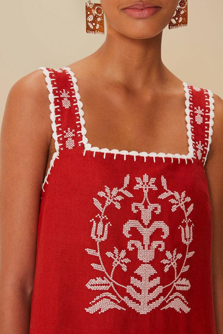 Farm Rio Red Tropical Cross Stitch Embroidered Euroflax™ Premium Linen Midi Dress TROPICAL CROSS STITCH EMBROIDERED RED