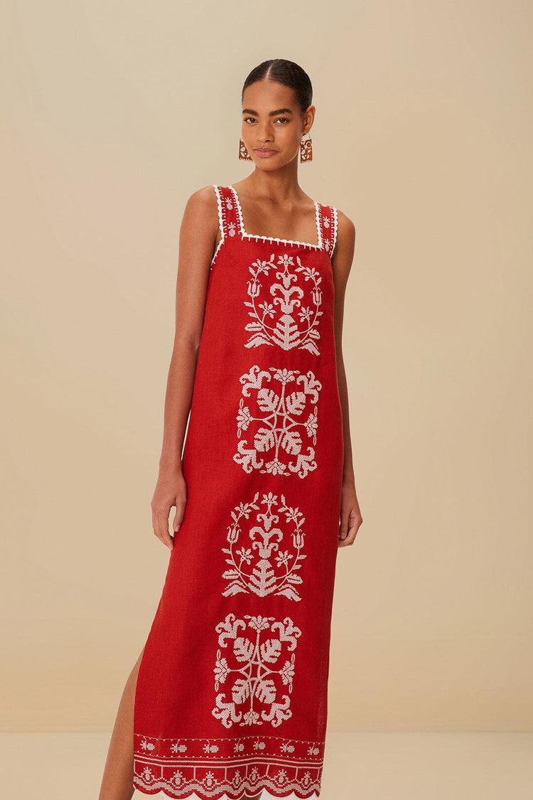 farm rio red tropical cross stitch embroidered euroflax™ premium linen midi dress TROPICAL CROSS STITCH EMBROIDERED RED farm rio red tropical cross stitch embroidered euroflax™ premium linen midi dress TROPICAL CROSS STITCH EMBROIDERED RED