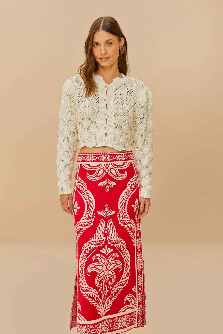 Farm Rio Red Tropical Jacquard Knit Skirt TROPICAL CAMEO OFF-WHITE