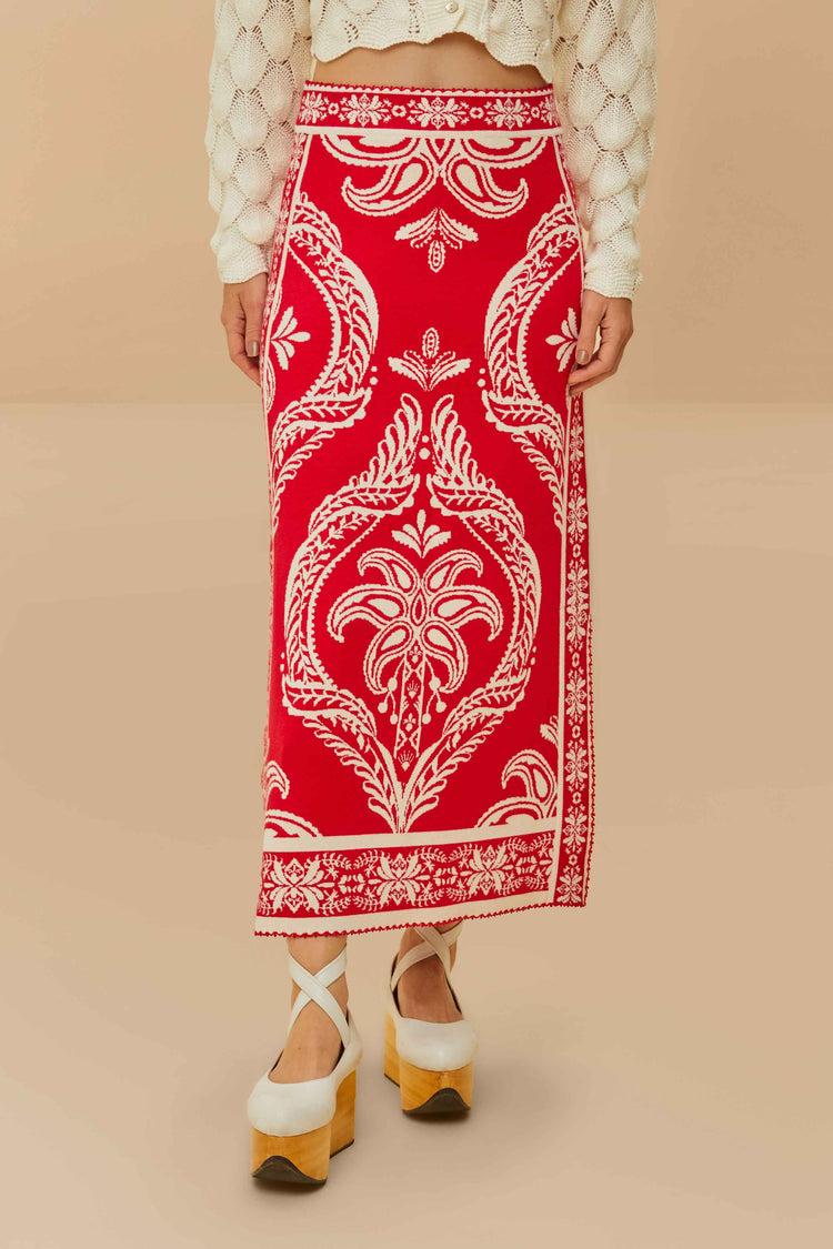Farm Rio Red Tropical Jacquard Knit Skirt TROPICAL CAMEO OFF-WHITE