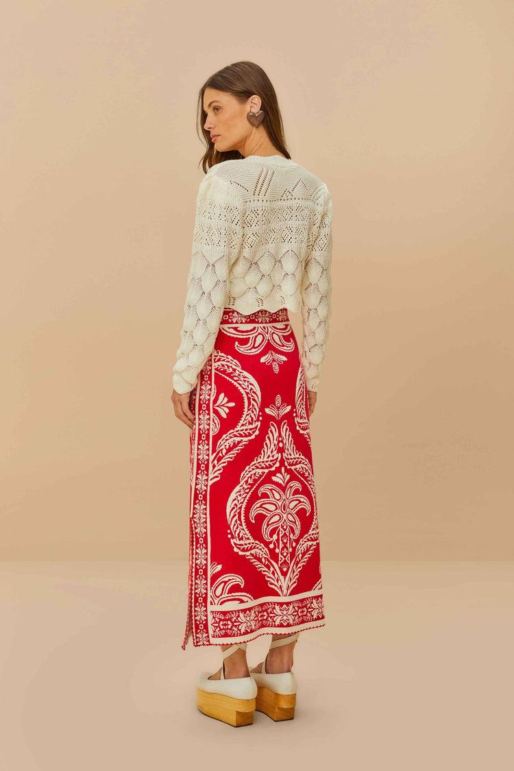 Farm Rio Red Tropical Jacquard Knit Skirt TROPICAL CAMEO OFF-WHITE