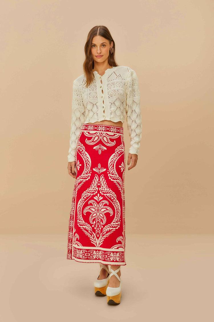 farm rio red tropical jacquard knit skirt TROPICAL CAMEO OFF-WHITE